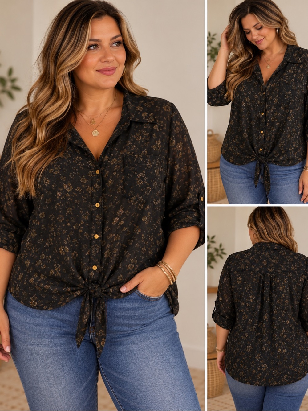 Coral Bay Black Button-Front Tie-Hem Shirt with Brown Floral Print
